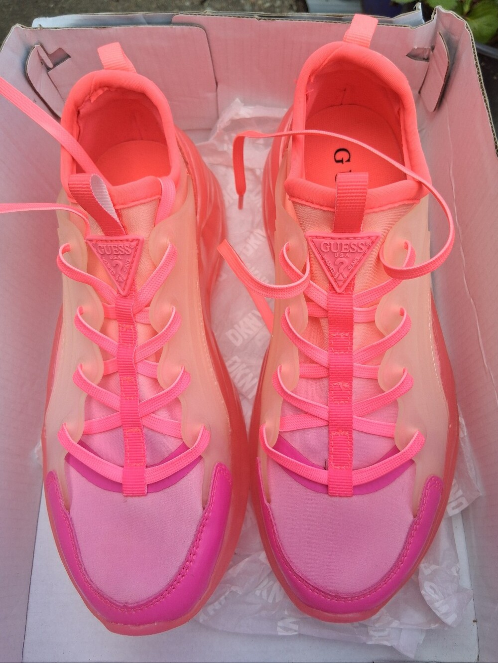 GUESS Women's Neon Coral Pink Platform Lace-Up Sneakers